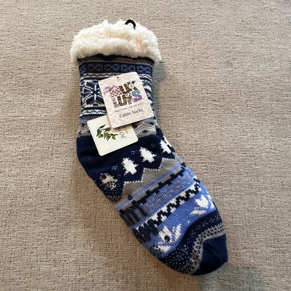 Muk Luks Cabin Socks Navy Blue Fair Isle Faux Shearling Lined Slipper Socks L/XL